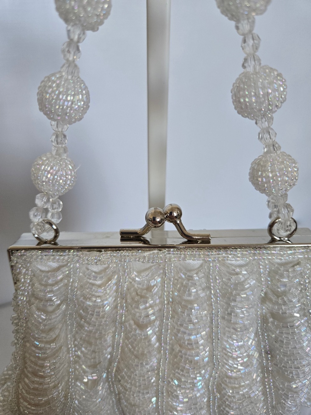 CLUTCH CROSSBODY BAG WHITE BEADED IRIDESCENT BRIDAL WEDDING FORMAL EVENING - Picture 4 of 15